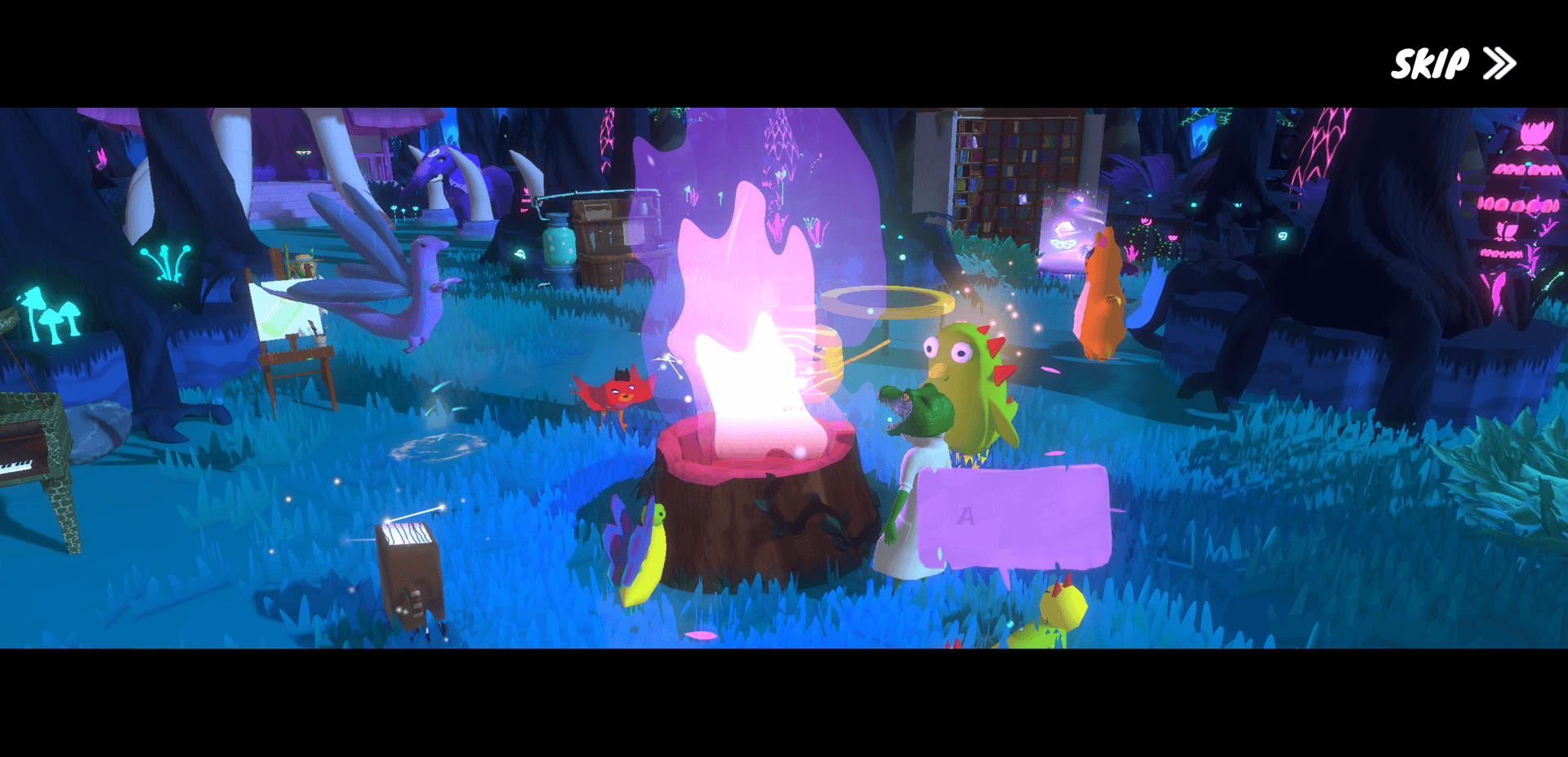 Creatures gathered around a campfire in the Night Zoo